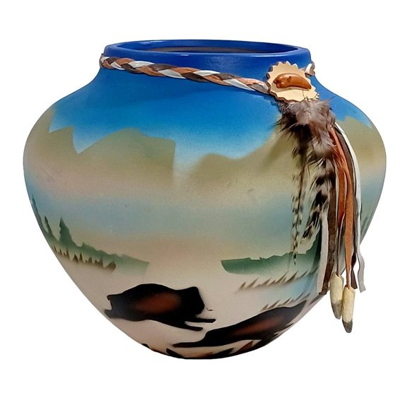 2 Native American Pottery Vases Dreamcatcher Buffalo Southwest Eagle Fea… - Picture 10 of 13